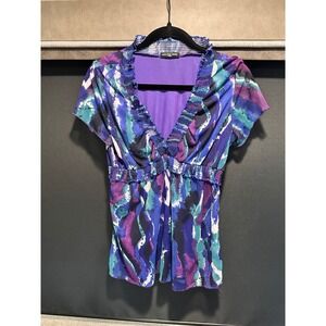 Cha Cha Vente Women Large Purple Blue Abstract Smocked VNeck Short Sleeve Blouse